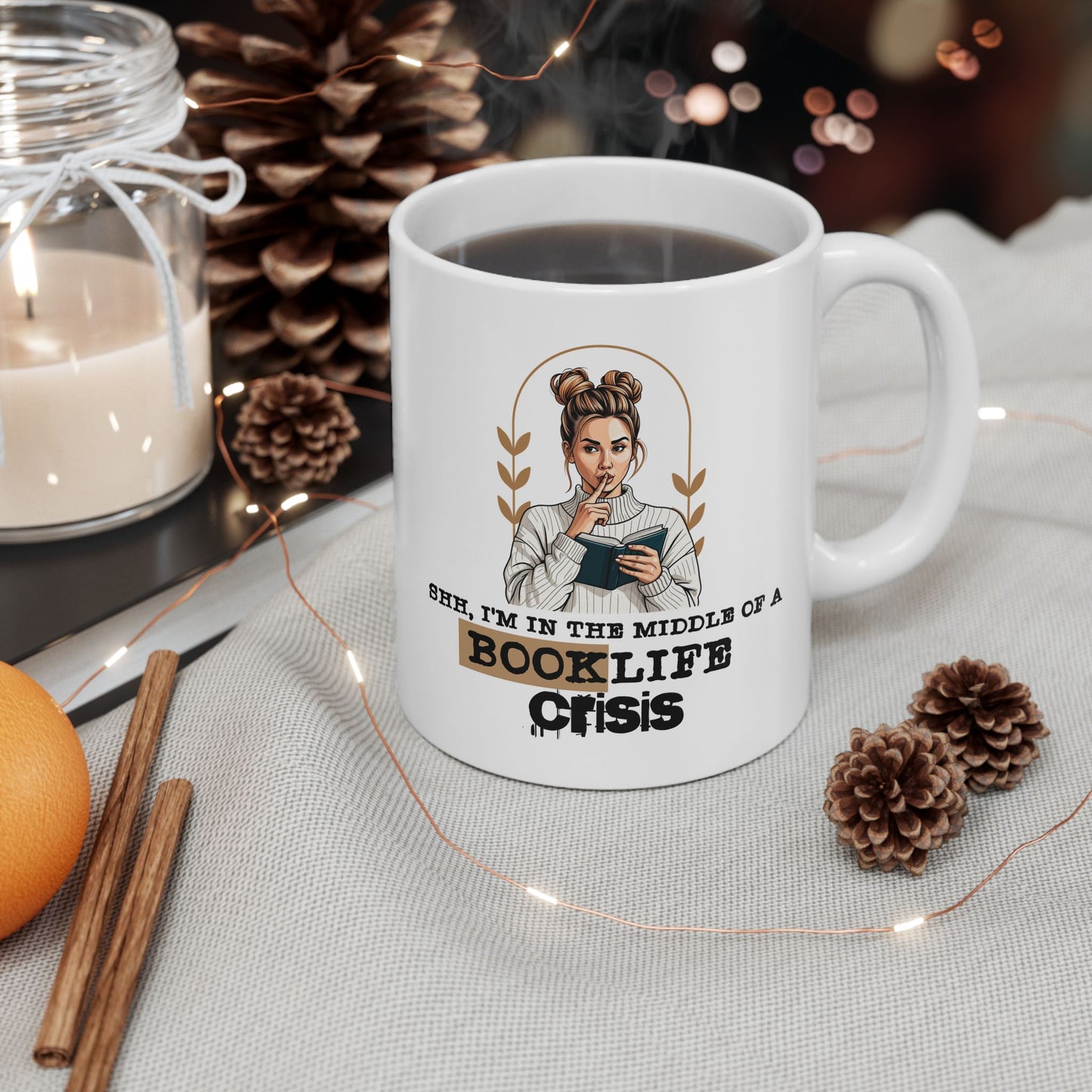 "Booklife Crisis" Cute Cozy Quote Mug – Perfect for Book Lovers, (11oz and 15oz Sizes) Coffee & Tea Mug Perfect Gift for Book Lovers