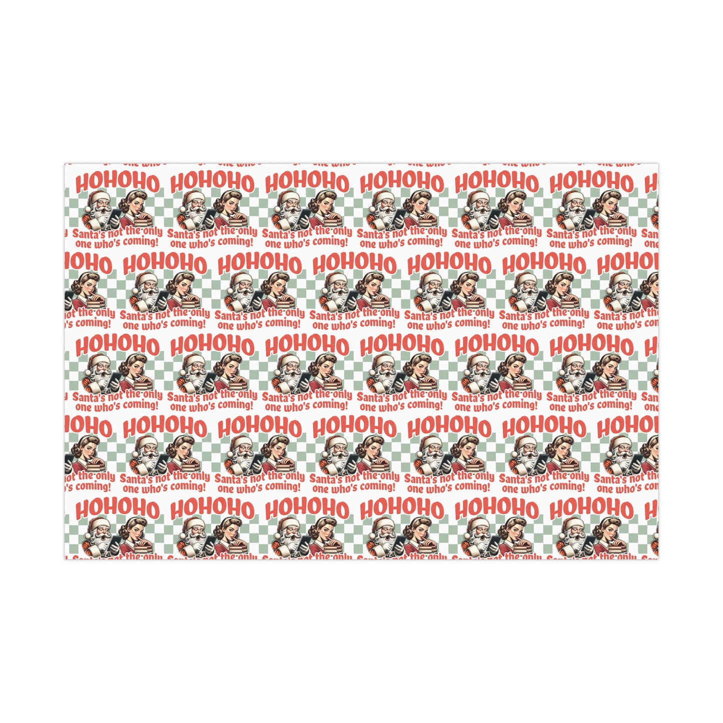 Funny Christmas Wrapping Paper for Readers of Romance Books with naughty bookish theme of Santa holding ereader behind Book Lover