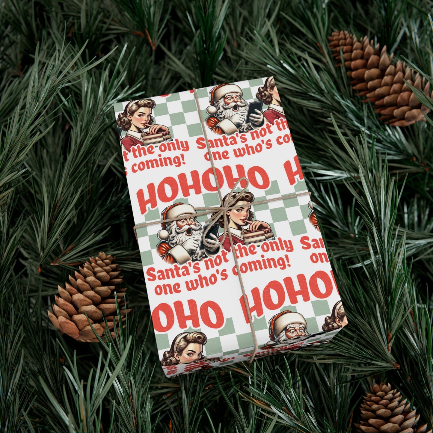 Funny Christmas Wrapping Paper for Readers of Romance Books with naughty bookish theme of Santa holding ereader behind Book Lover