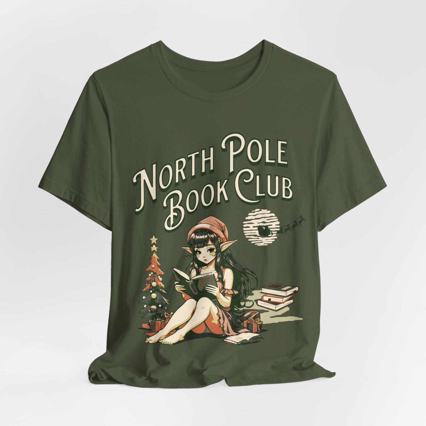 Army Green North Pole Book Club Crewneck with Coquette Elf, Comfy T-Shirt