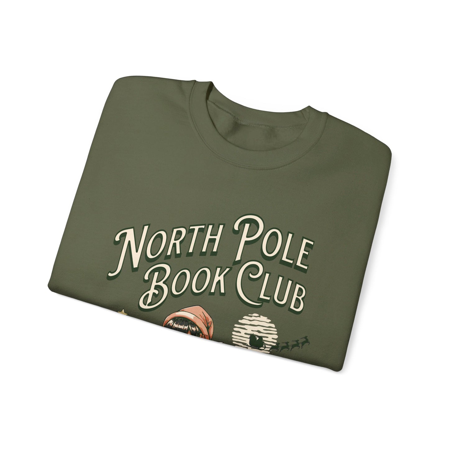 Army Green North Pole Book Club Crewneck with Coquette Elf, Cozy Holiday Sweater