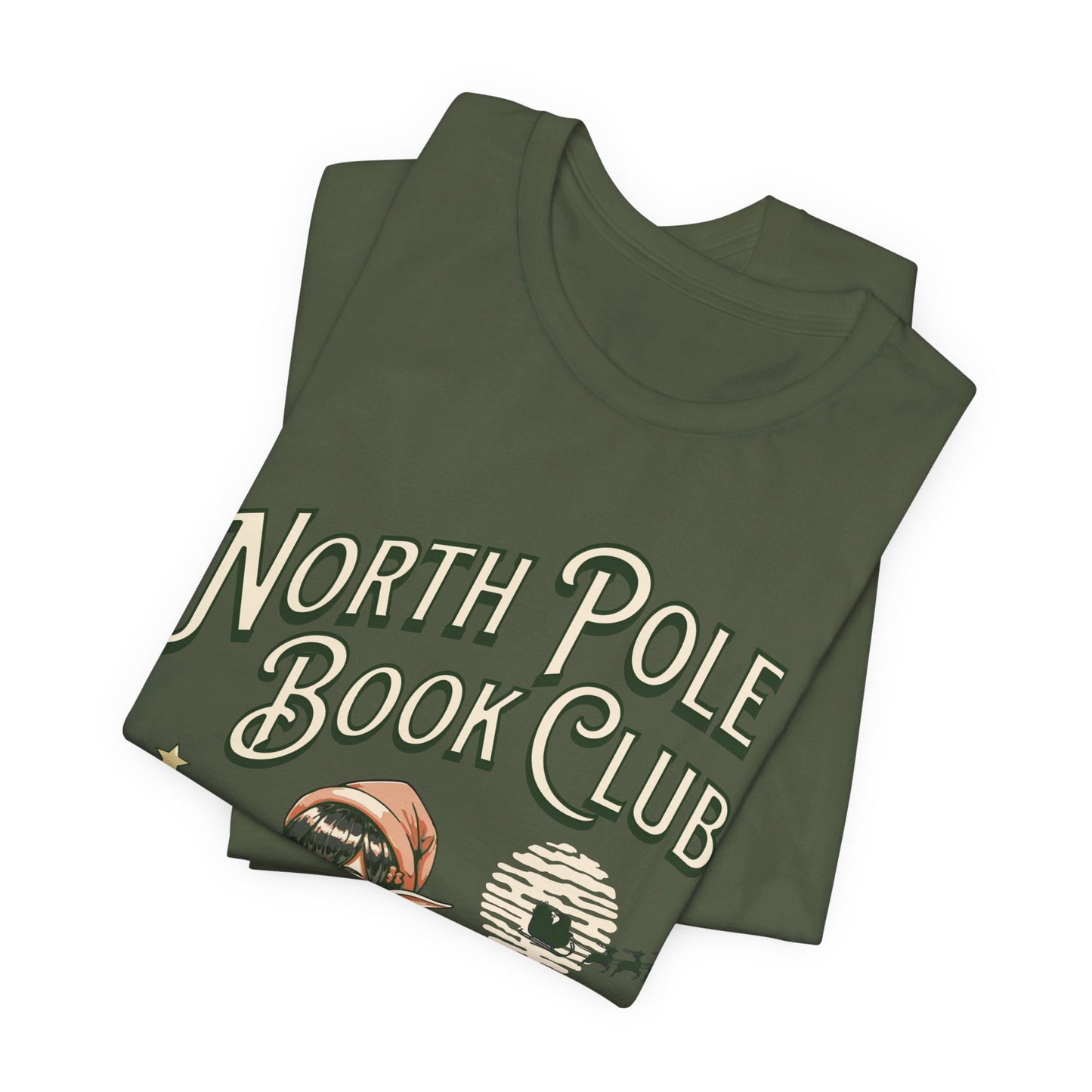 Army Green North Pole Book Club Crewneck with Coquette Elf, Comfy T-Shirt