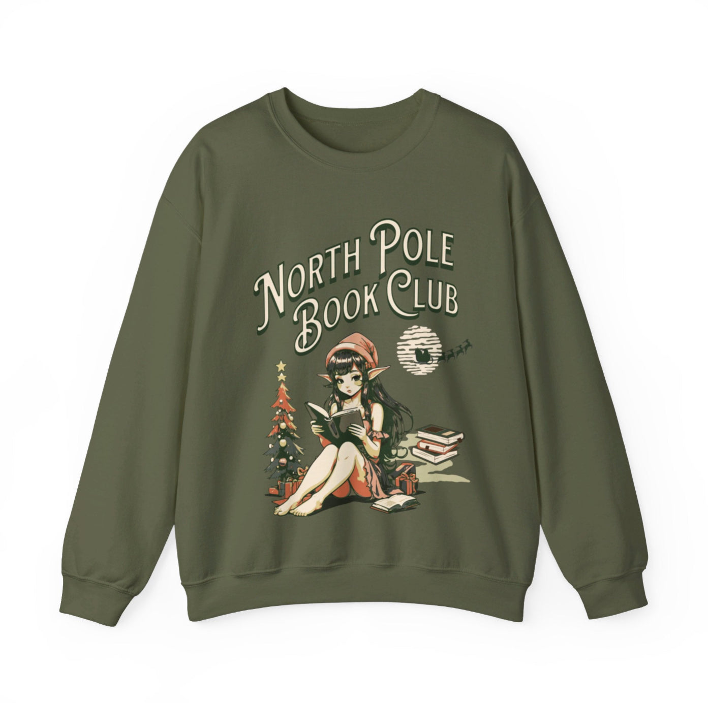 Army Green North Pole Book Club Crewneck with Coquette Elf, Cozy Holiday Sweater