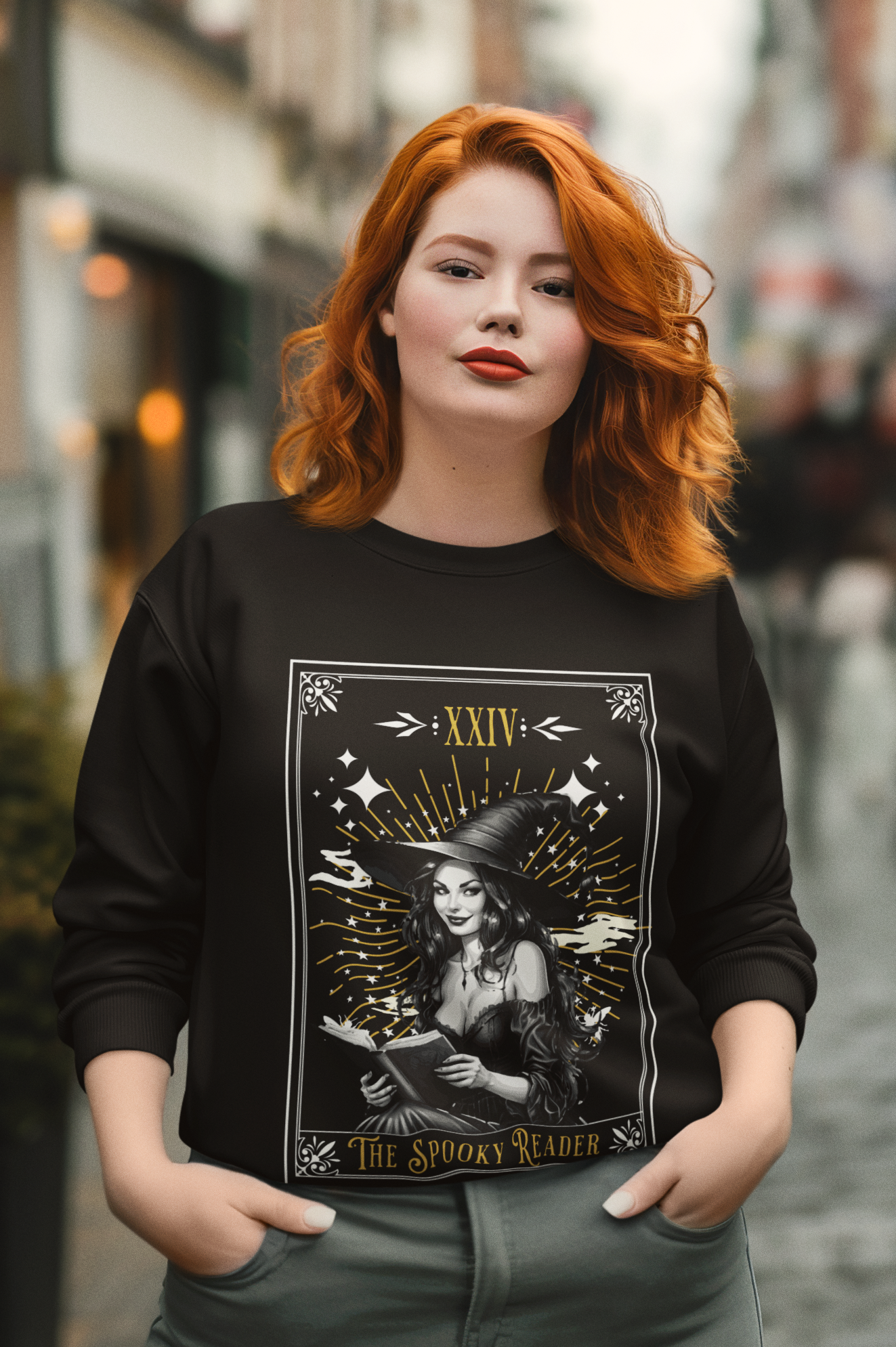 "The Spooky Reader" Halloween Witch Graphic Sweater | Cozy Black Crew Neck for Book Lovers | Witchy Fall Reading Apparel