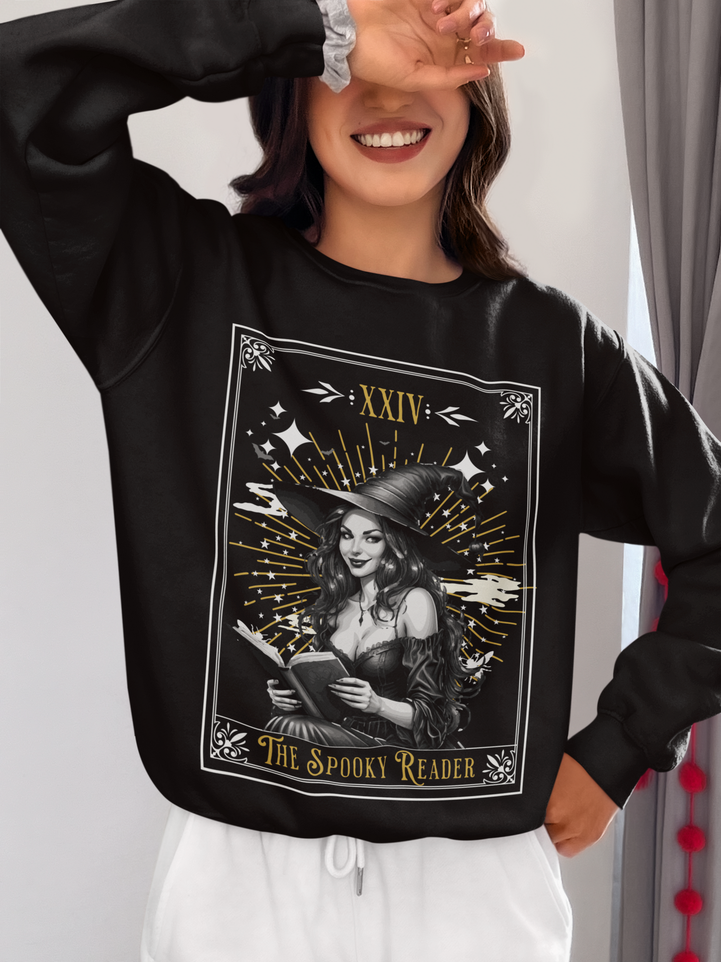 "The Spooky Reader" Halloween Witch Graphic Sweater | Cozy Black Crew Neck for Book Lovers | Witchy Fall Reading Apparel