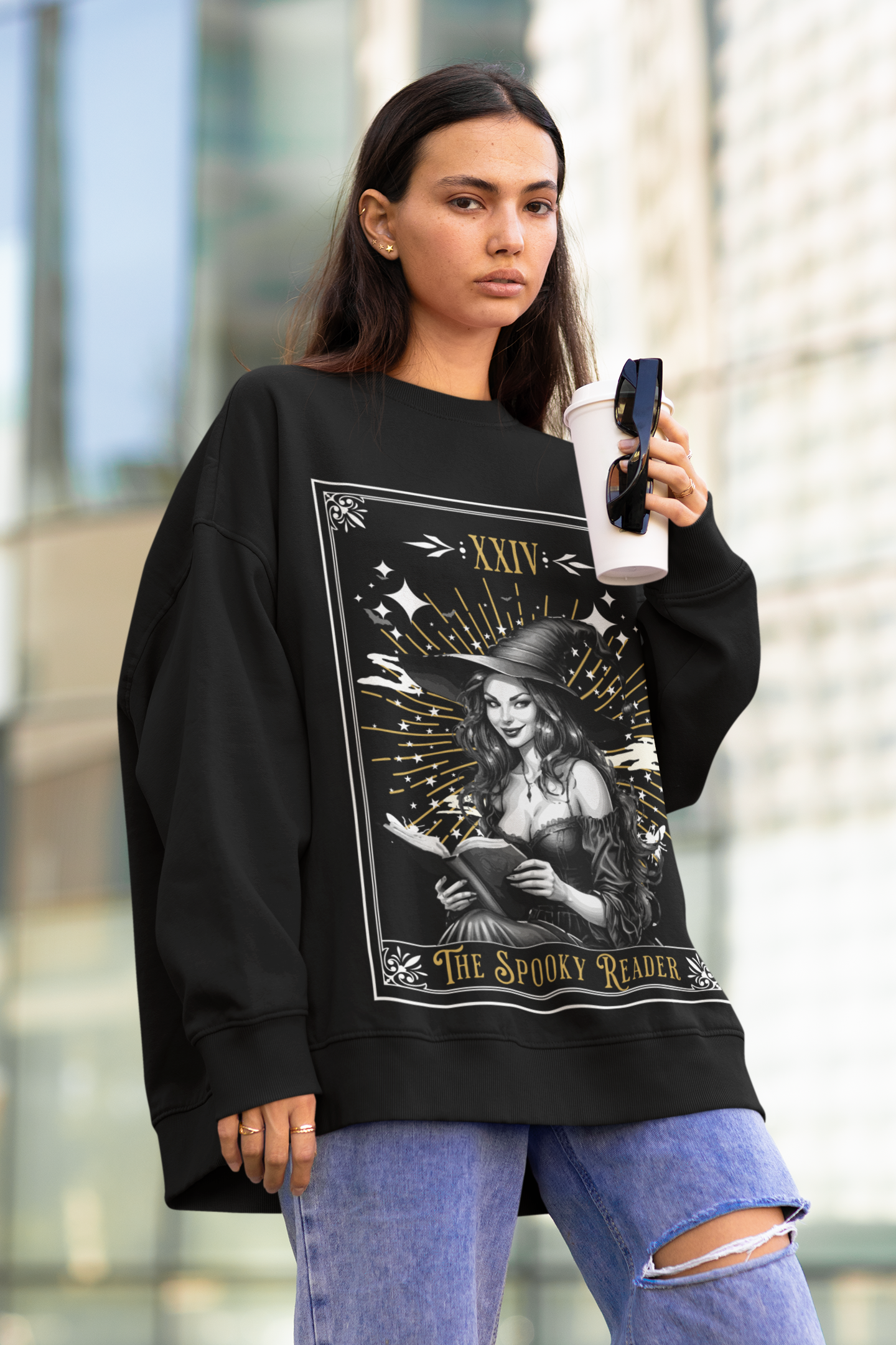 "The Spooky Reader" Halloween Witch Graphic Sweater | Cozy Black Crew Neck for Book Lovers | Witchy Fall Reading Apparel