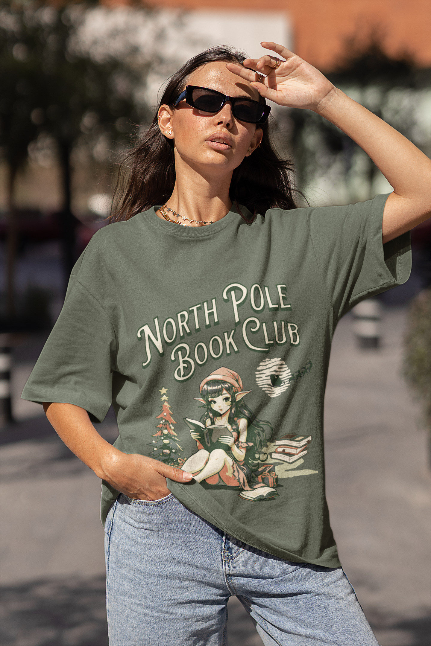 Army Green North Pole Book Club Crewneck with Coquette Elf, Comfy T-Shirt