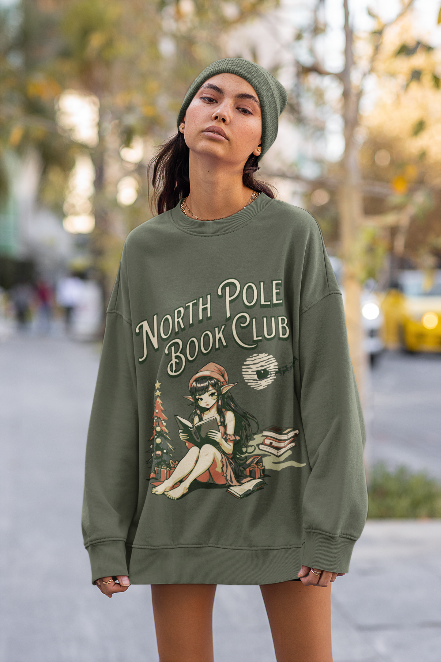 Army Green North Pole Book Club Crewneck with Coquette Elf, Cozy Holiday Sweater