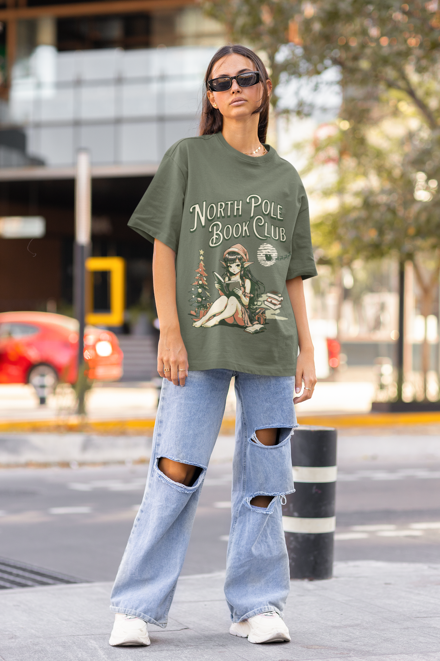 Army Green North Pole Book Club Crewneck with Coquette Elf, Comfy T-Shirt