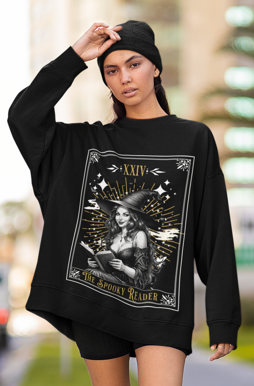 "The Spooky Reader" Halloween Witch Graphic Sweater | Cozy Black Crew Neck for Book Lovers | Witchy Fall Reading Apparel