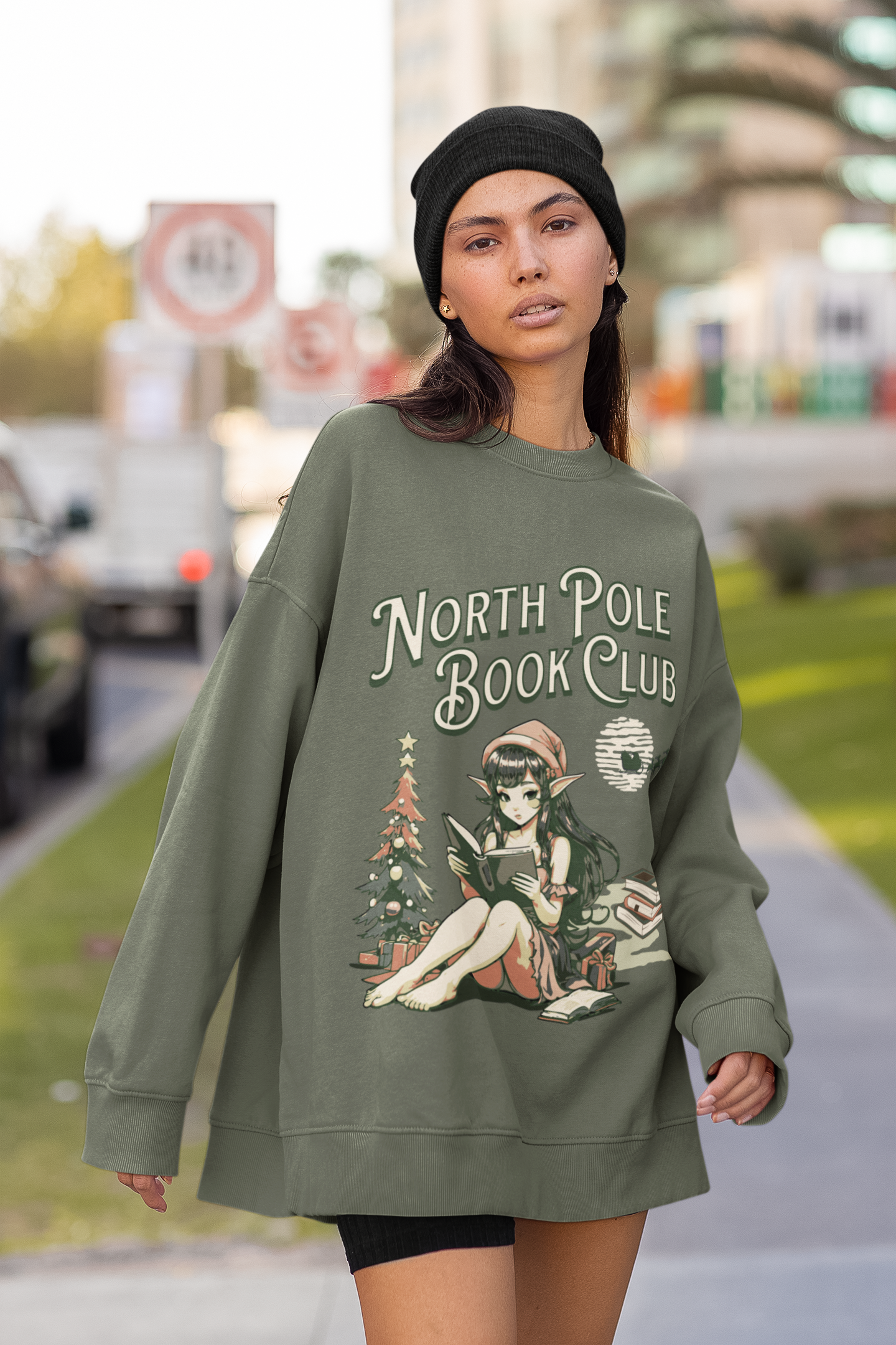 Army Green North Pole Book Club Crewneck with Coquette Elf, Cozy Holiday Sweater