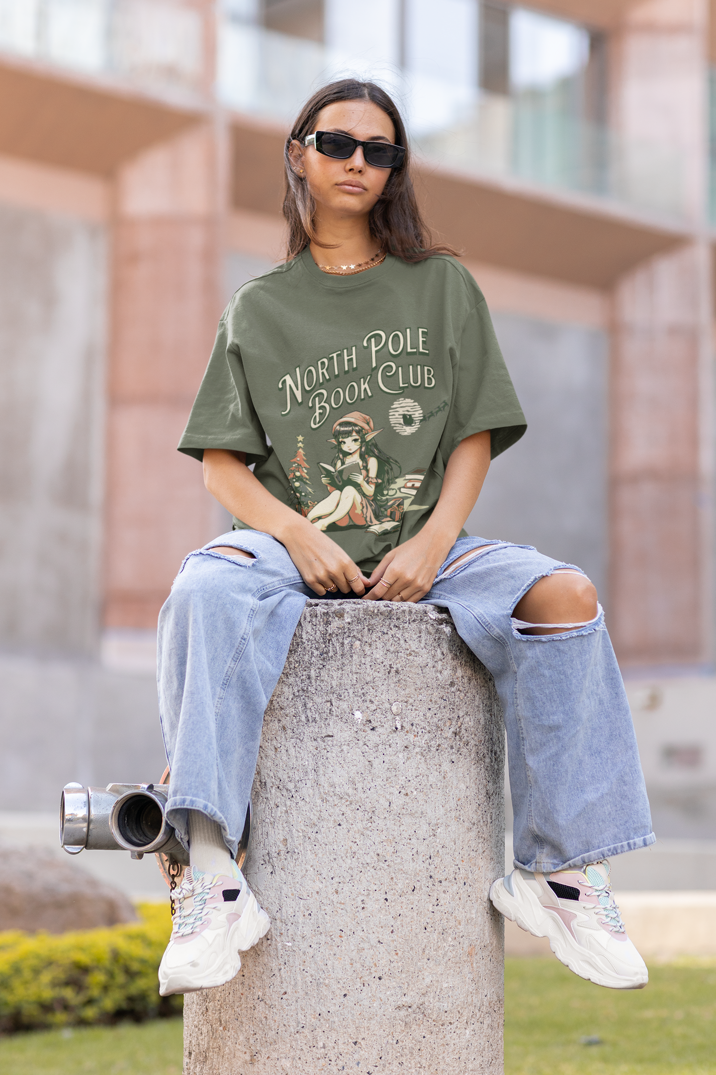 Army Green North Pole Book Club Crewneck with Coquette Elf, Comfy T-Shirt