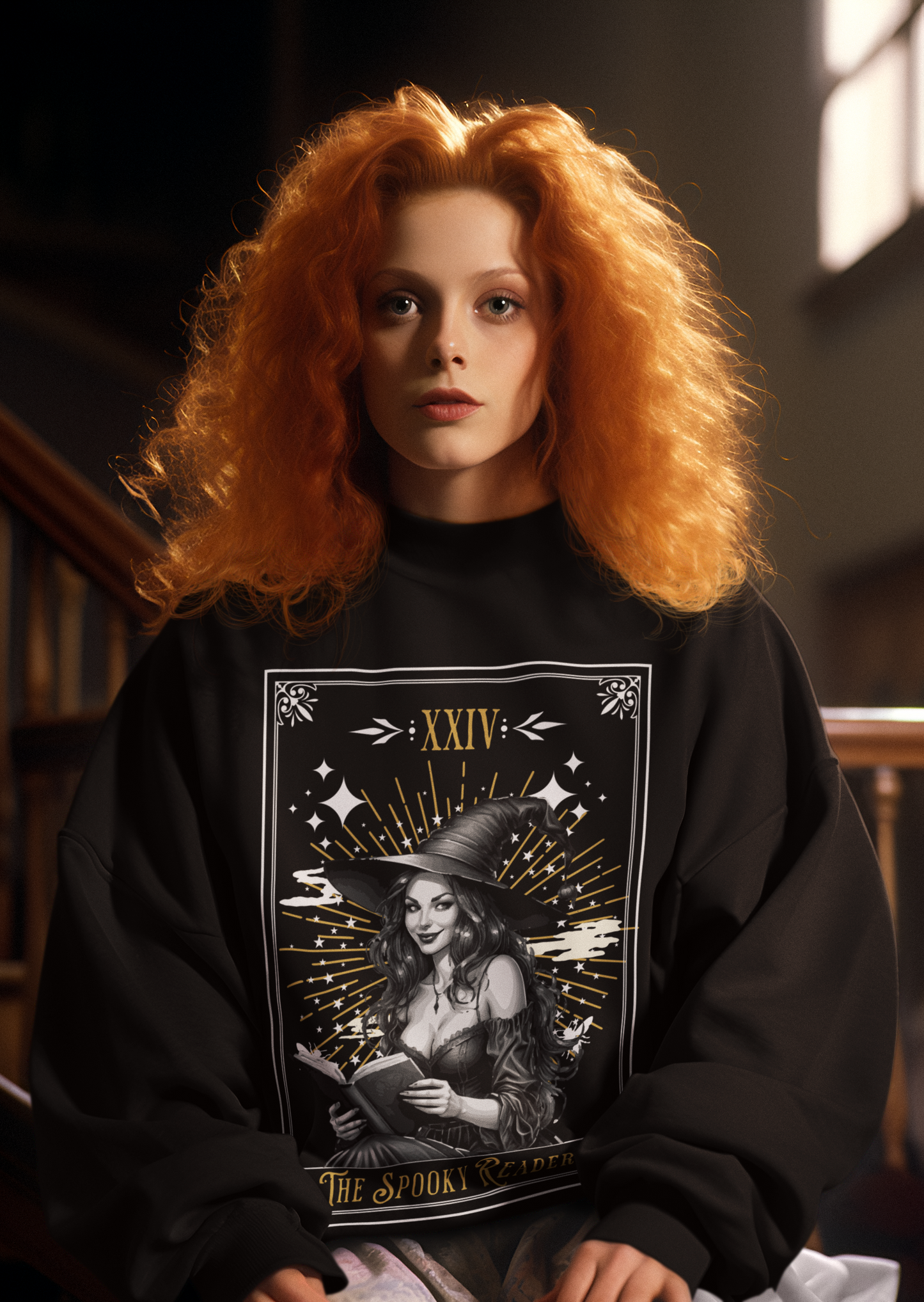 "The Spooky Reader" Halloween Witch Graphic Sweater | Cozy Black Crew Neck for Book Lovers | Witchy Fall Reading Apparel