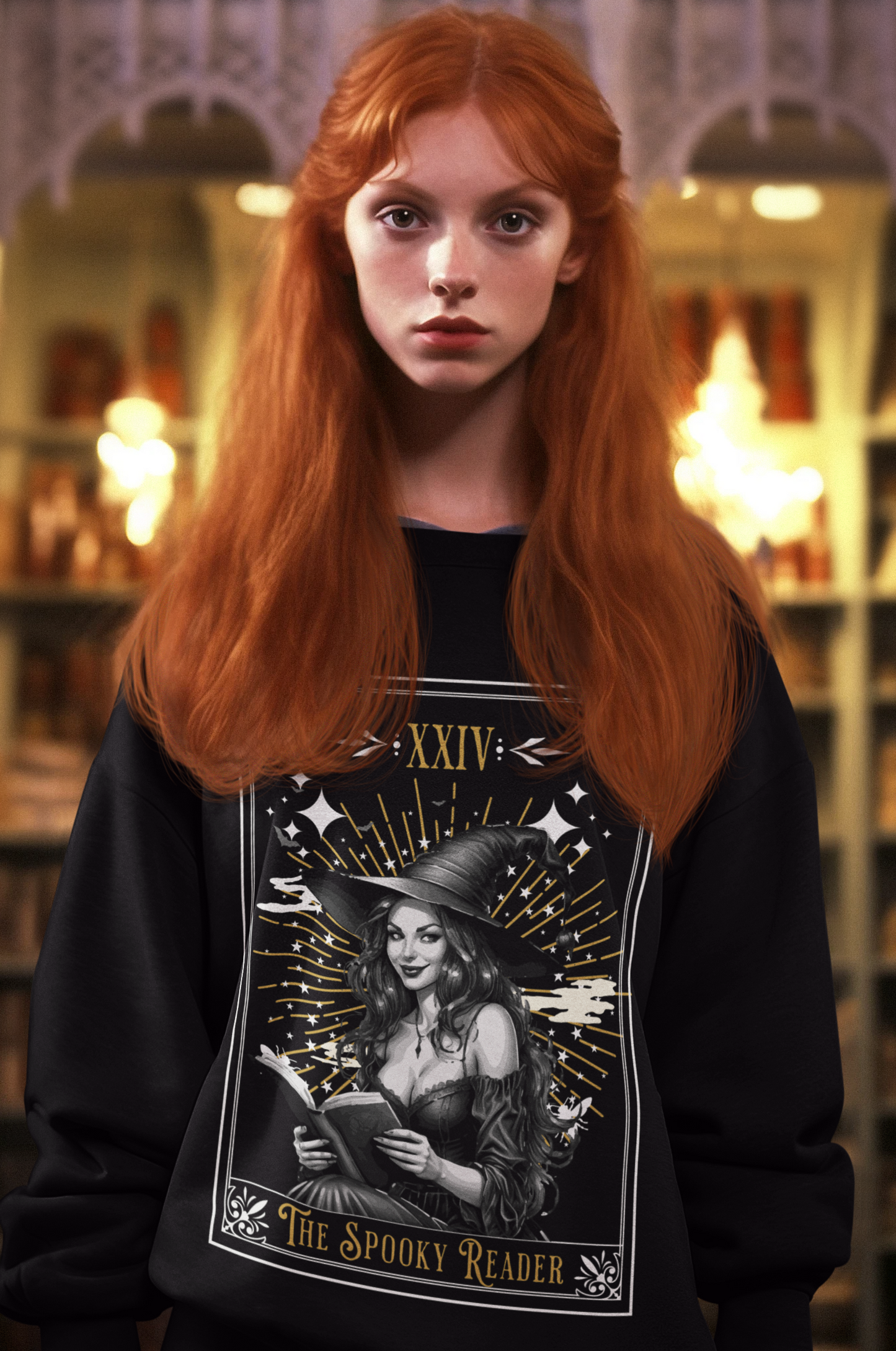 "The Spooky Reader" Halloween Witch Graphic Sweater | Cozy Black Crew Neck for Book Lovers | Witchy Fall Reading Apparel